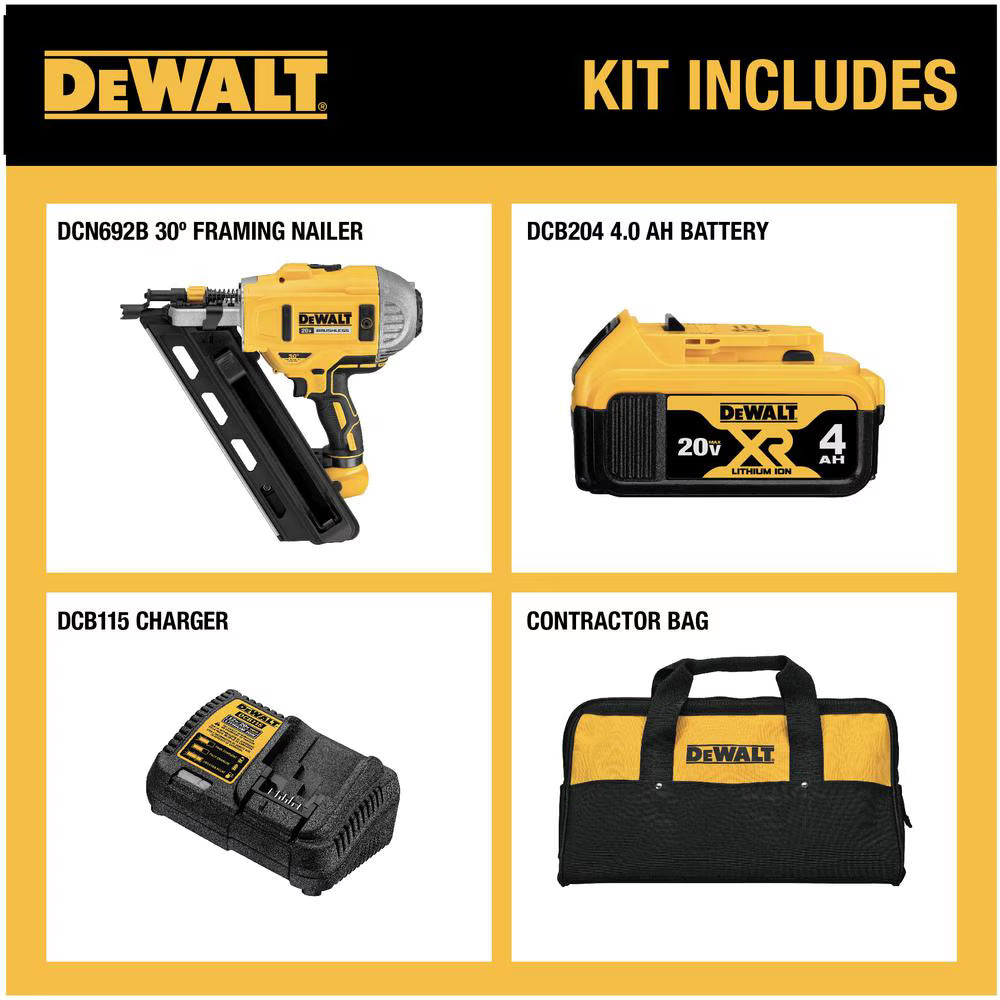 DEWALT DCN692M1 20V MAX XR Cordless 30° Paper Collated Framing Nailer, 2 Speed, Kit with 4.0Ah Battery & Charger