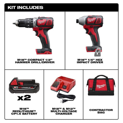 Milwaukee 2697-22CT Tool M18 18V Lithium-Ion Cordless Hammer Drill/Impact Driver Combo Kit (2-Tool) w/ (2) 1.5Ah Batteries