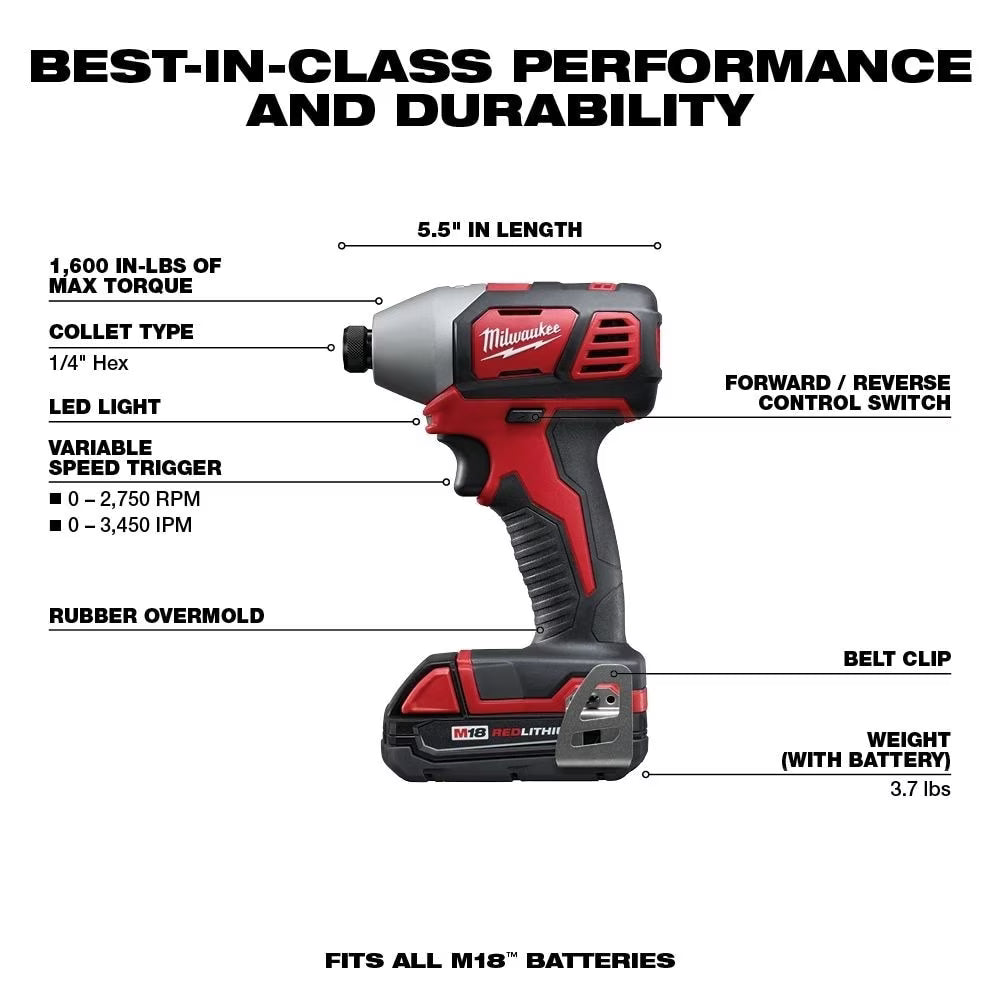 Milwaukee 2697-22CT Tool M18 18V Lithium-Ion Cordless Hammer Drill/Impact Driver Combo Kit (2-Tool) w/ (2) 1.5Ah Batteries