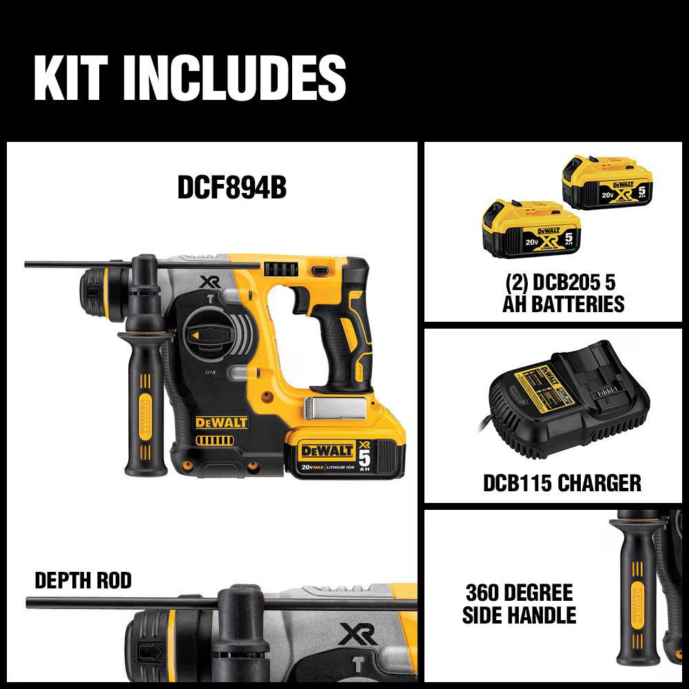 DEWALT DCH273P2 20V MAX XR Lithium-Ion Cordless Brushless 1-inch SDS-Plus L-Shape Rotary Hammer Kit with (2) 5ah Batteries, Charger and Case