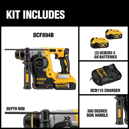 DEWALT DCH273P2 20V MAX XR Lithium-Ion Cordless Brushless 1-inch SDS-Plus L-Shape Rotary Hammer Kit with (2) 5ah Batteries, Charger and Case