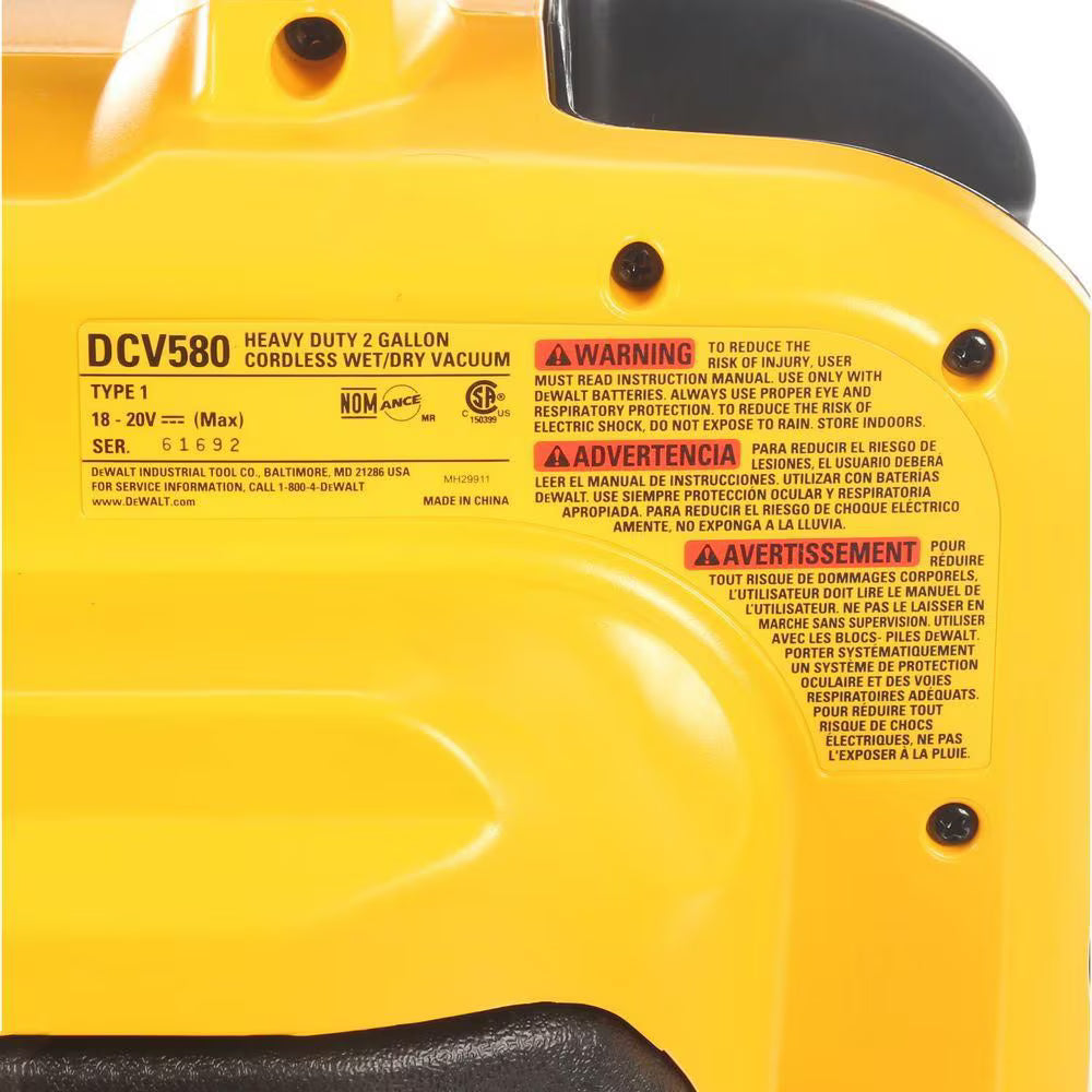 DEWALT DCV580H 2 Gal. Max Cordless Wet/Dry Vacuum without Battery and Charger