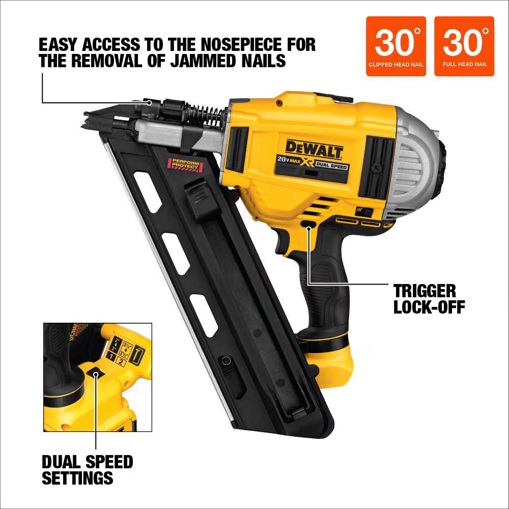 DEWALT DCN692B 20V MAX XR Lithium-Ion Cordless Brushless 2-Speed 30° Paper Collated Framing Nailer (Tool-Only)