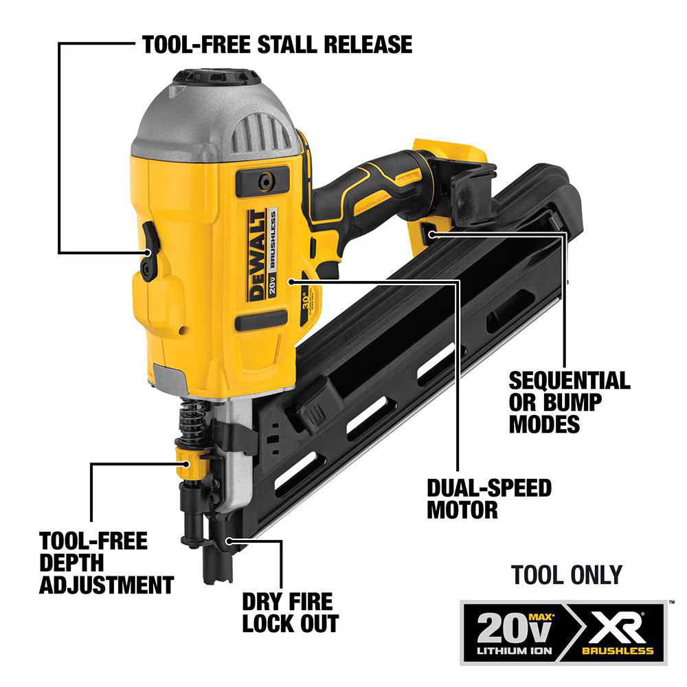 DEWALT DCN692B 20V MAX XR Lithium-Ion Cordless Brushless 2-Speed 30° Paper Collated Framing Nailer (Tool-Only)