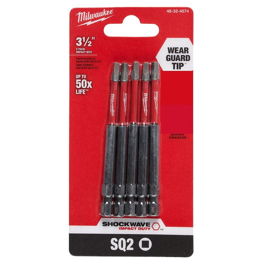 Milwaukee 48-32-4574 Tool SHOCKWAVE Impact Duty 3-1/2 inch Square #2 Alloy Steel Screw Driver Bit (5-Pack)