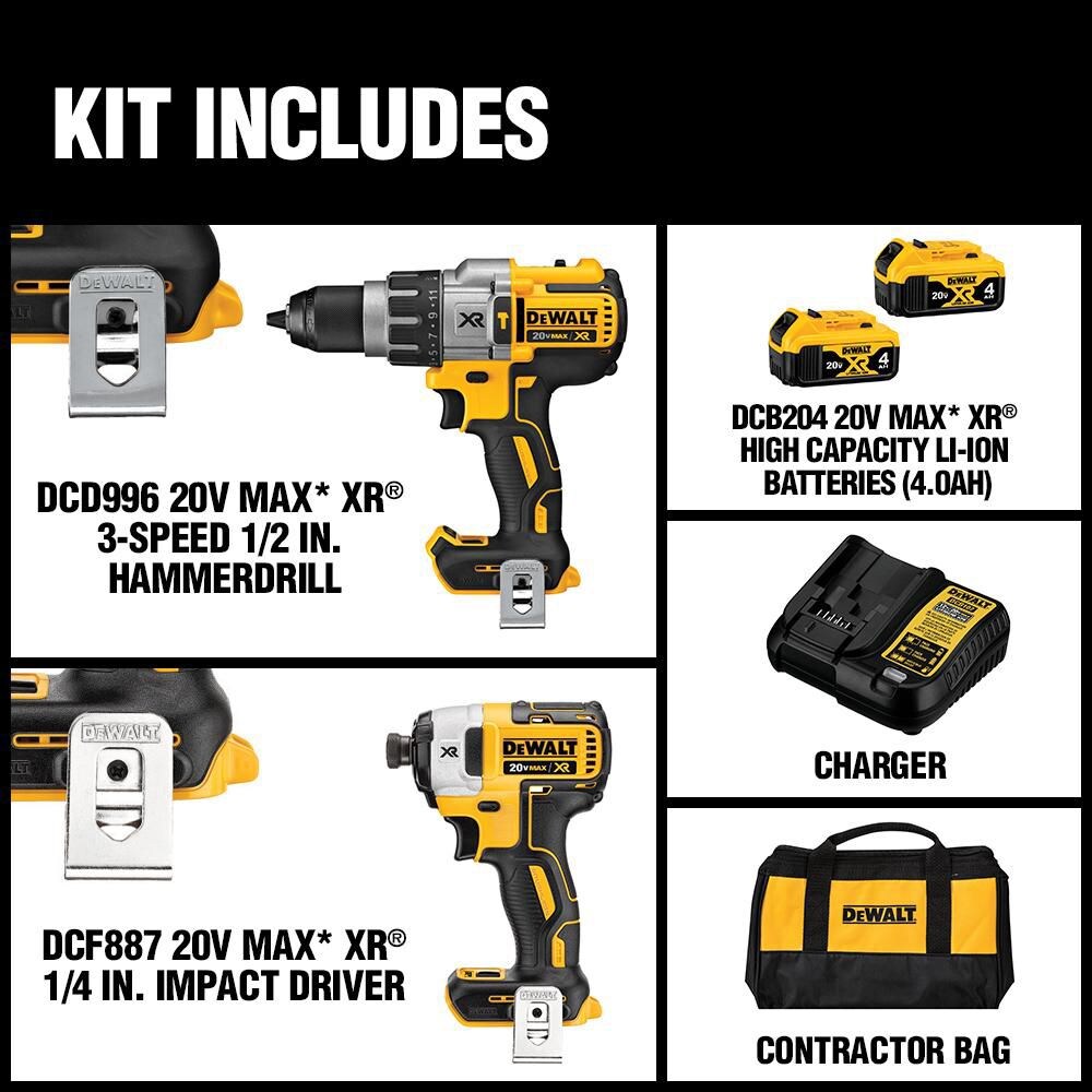 DEWALT DCK299M2 20V MAX XR Lithium-Ion Cordless Brushless Hammer Drill/Impact Combo Kit (2-Tool) with (2) 4Ah Batteries and Charger