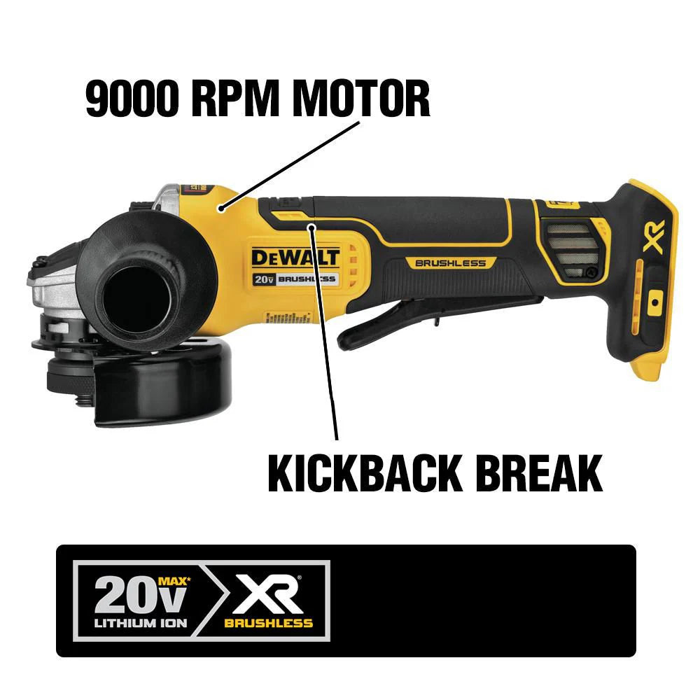 DEWALT DCG413FB 20V MAX XR Lithium-Ion Cordless Brushless 4-1/2-inch Paddle Switch Small Angle Grinder with Kickback Brake (Tool-Only)