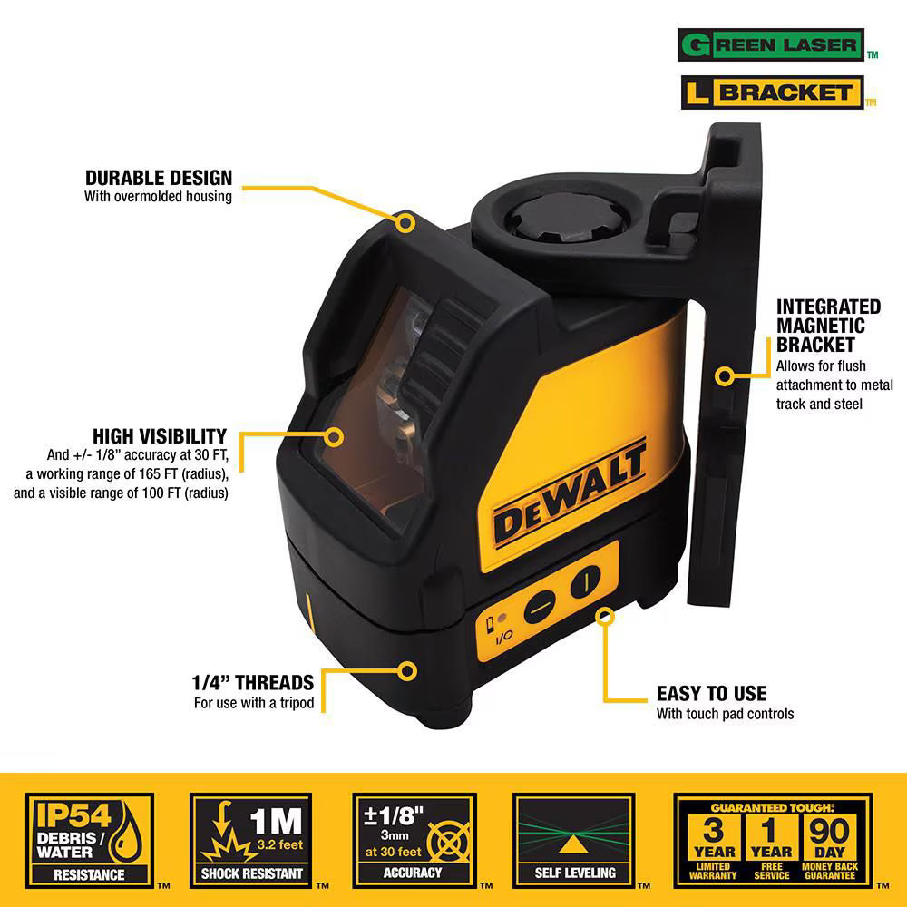 DEWALT DW088CG 100/330 ft. Green Self-Leveling Cross Line Laser Level - with (3) AA Batteries & Case