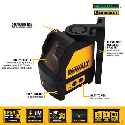 DEWALT DW088CG 100/330 ft. Green Self-Leveling Cross Line Laser Level - with (3) AA Batteries & Case