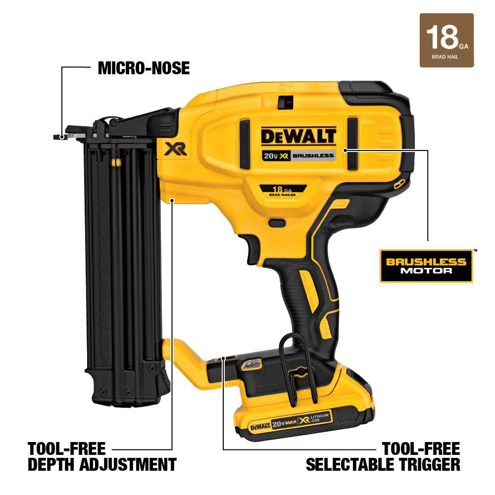 DEWALT DCN680D1 20V MAX Lithium-Ion 18-Gauge Cordless Brad Nailer Kit with 2Ah Battery, Charger and Bag