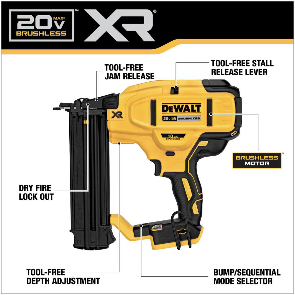 DEWALT DCN680B 20V MAX XR Lithium-Ion Cordless Brushless 18-Gauge Brad Nailer (Tool-Only)