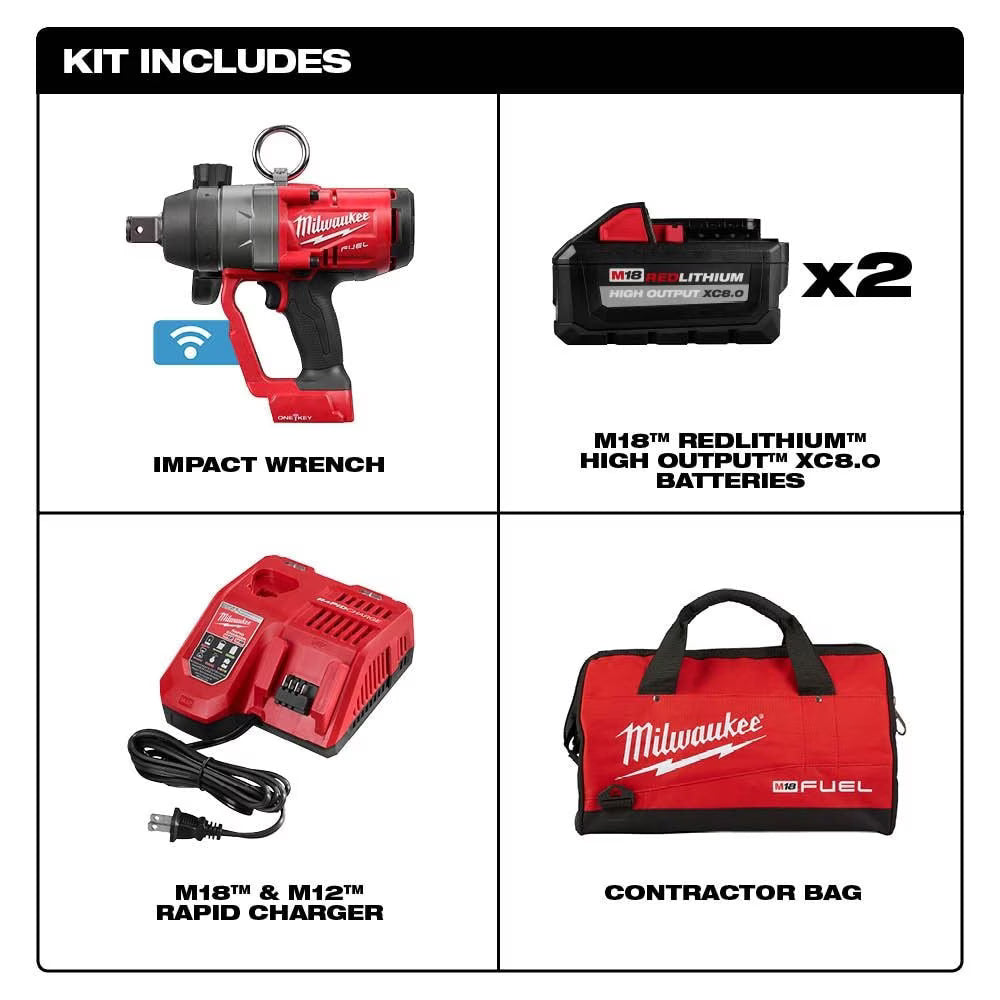 Milwaukee 2867-22 Tool M18 FUEL 18V 1-Inch High Torque Impact Wrench w/ ONE-KEY Kit w/ (2) 8.0Ah Batteries