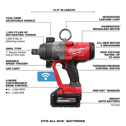 Milwaukee 2867-22 Tool M18 FUEL 18V 1-Inch High Torque Impact Wrench w/ ONE-KEY Kit w/ (2) 8.0Ah Batteries