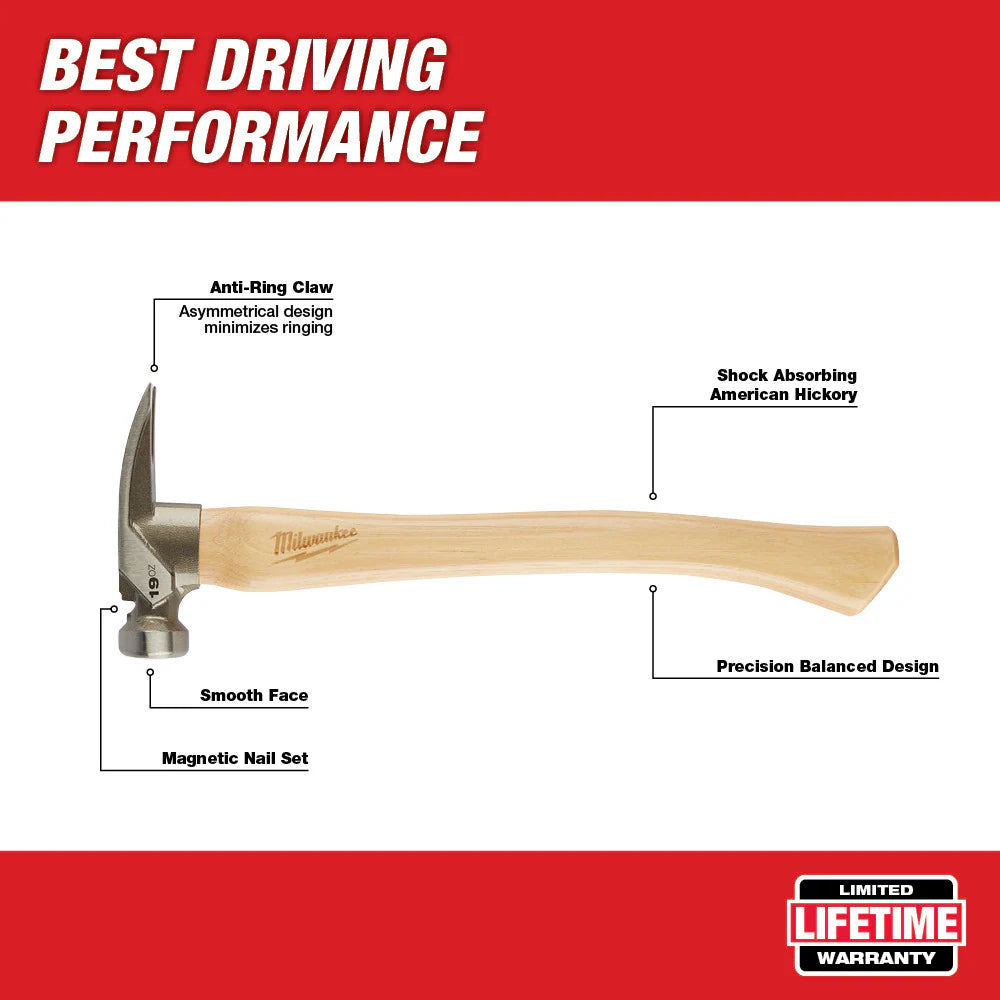 Milwaukee 48-22-9519 Tool 19oz Smooth Face Hickory Wood Framing Hammer