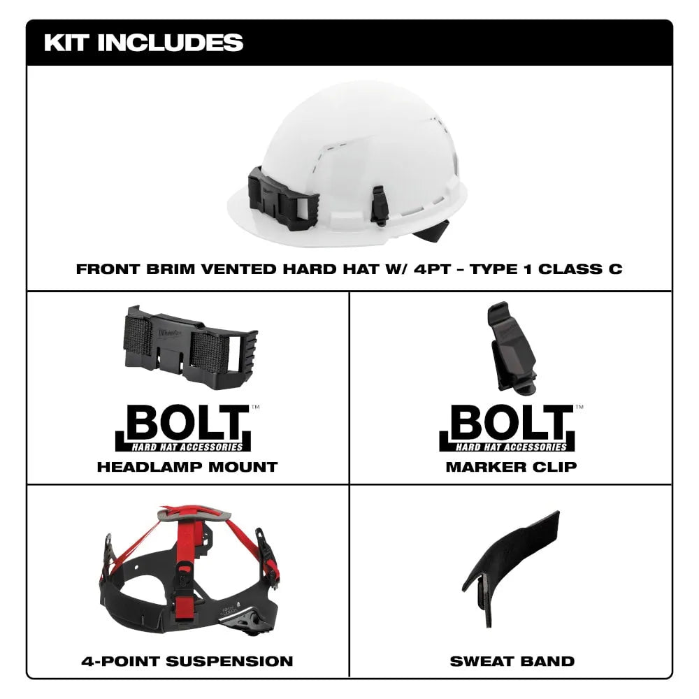 Milwaukee 48-73-1200 Tool BOLT White Type 1 Class C Front Brim Vented Hard Hat with 4 Point Ratcheting Suspension