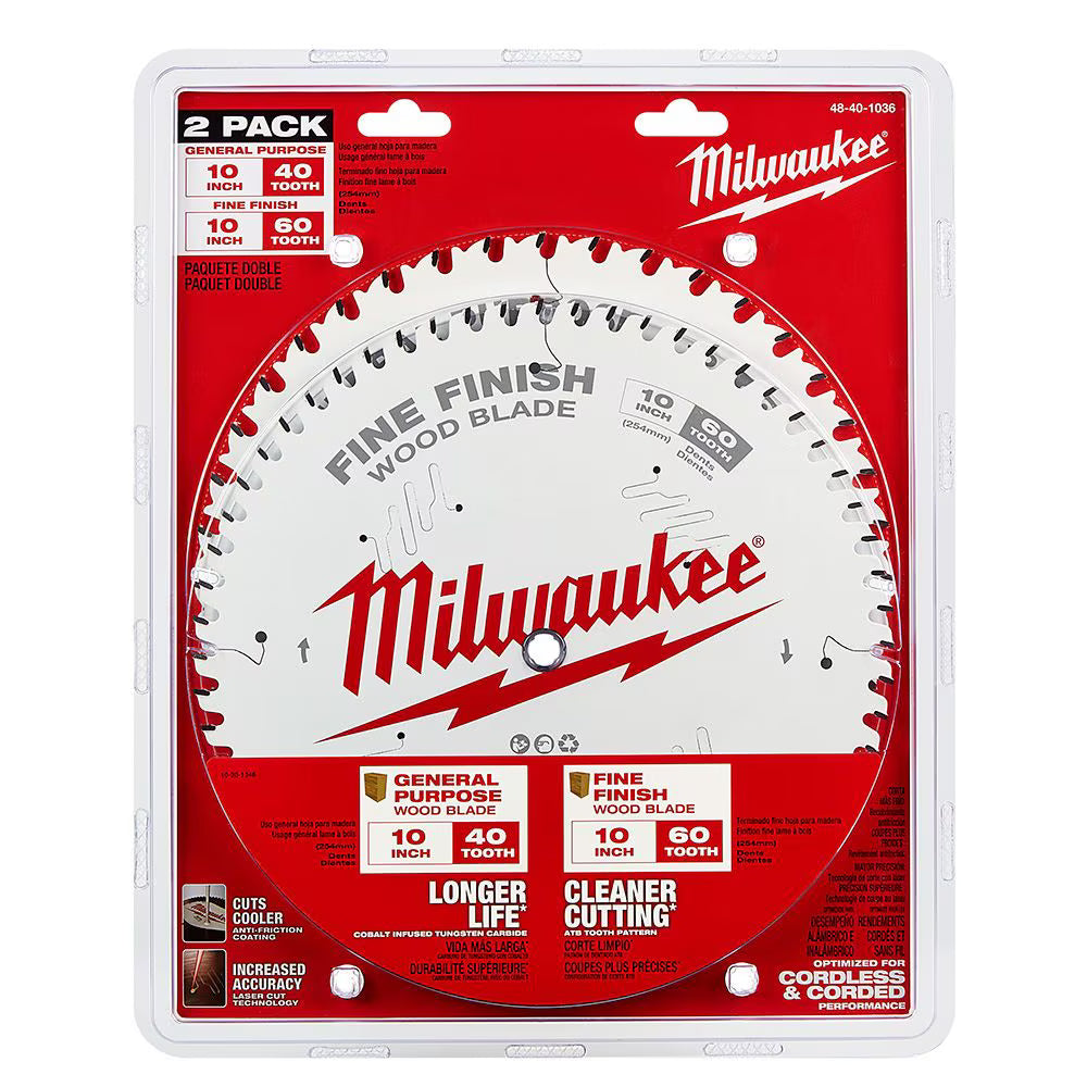 Milwaukee 48-40-1036 Tool 10-inch x 40-Tooth and 60-Tooth Mitre/ Table Saw Blades (2-Pack)