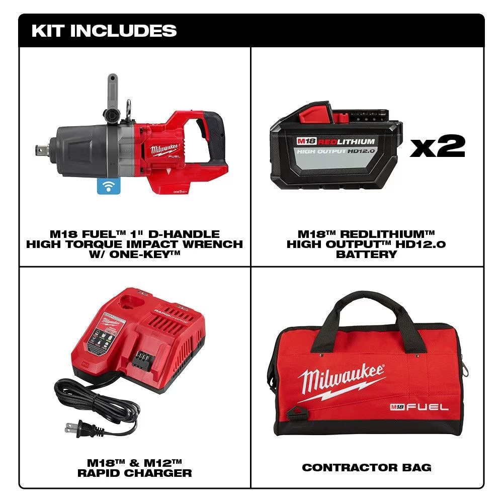 Milwaukee 2868-22HD Tool M18 FUEL 18V Li-Ion Brushless Cordless 1 -inch Impact Wrench D-Handle Kit w/ (2) 12.0 Ah Batteries