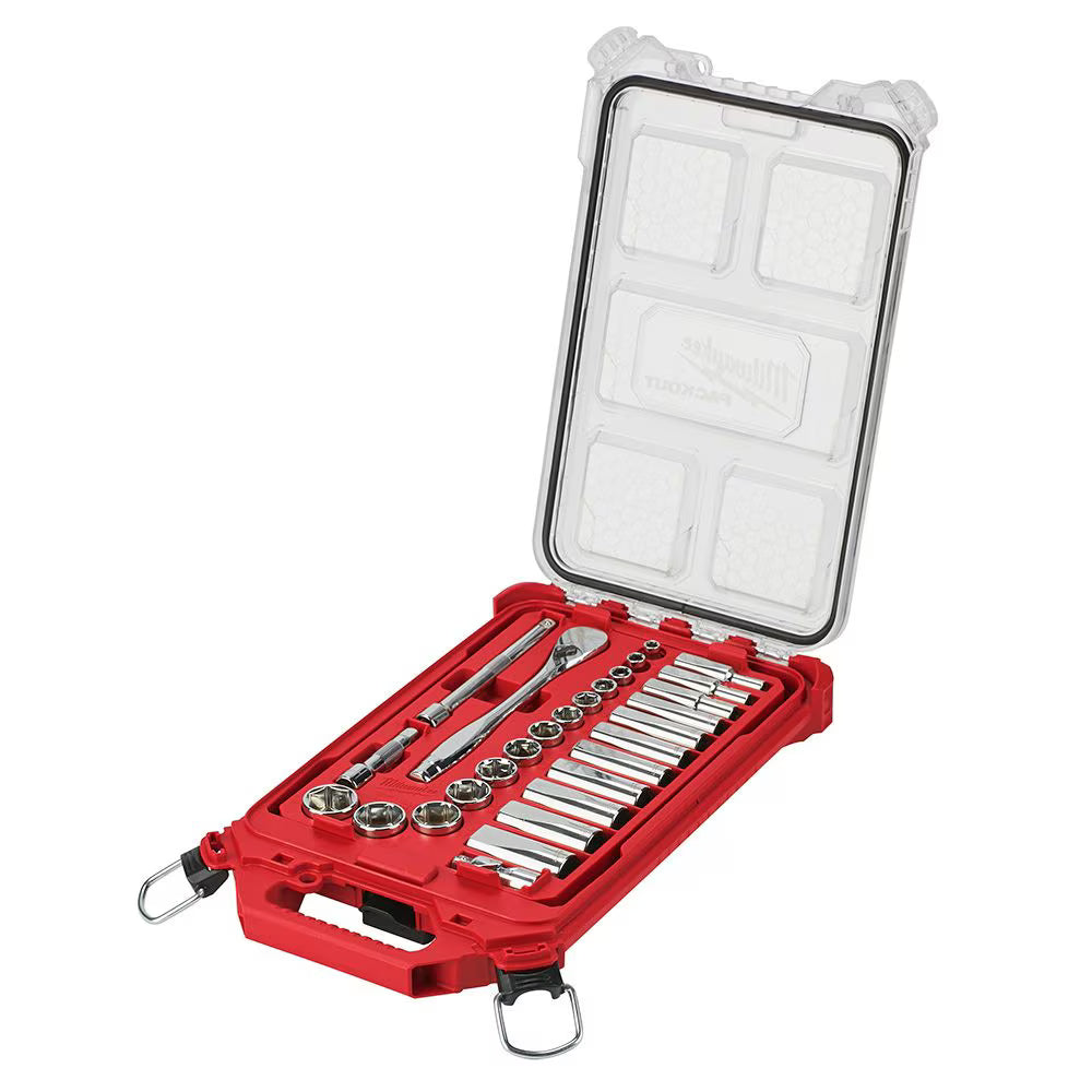 Milwaukee 48-22-9481 Tool PACKOUT 3/8-inch Drive SAE Ratchet and Socket Mechanics Tool Set (28-Piece)
