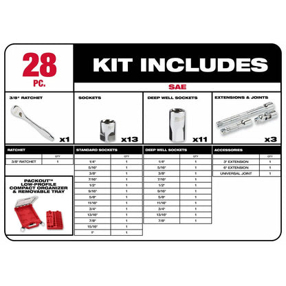 Milwaukee 48-22-9481 Tool PACKOUT 3/8-inch Drive SAE Ratchet and Socket Mechanics Tool Set (28-Piece)