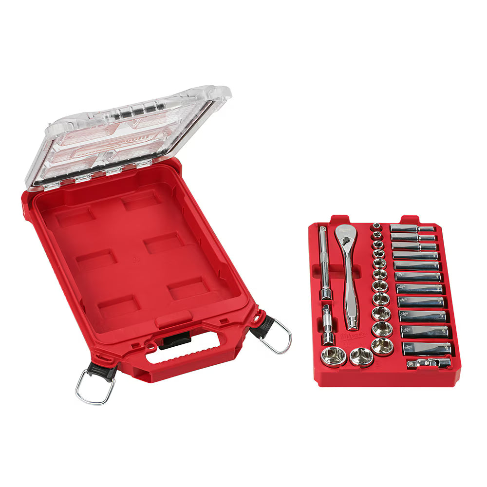 Milwaukee 48-22-9481 Tool PACKOUT 3/8-inch Drive SAE Ratchet and Socket Mechanics Tool Set (28-Piece)