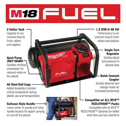 Milwaukee 2840-20 Tool M18 FUEL 18-Volt Lithium-Ion Brushless Cordless 2 Gallon Electric Compact Quiet Compressor (Tool Only)
