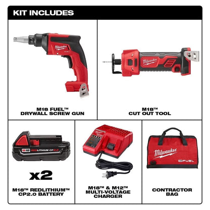 Milwaukee 2866-22CTP Tool M18 FUEL 18-Volt Lithium-Ion Brushless Cordless Drywall Screw Gun Compact Kit with M18 Cutout Tool