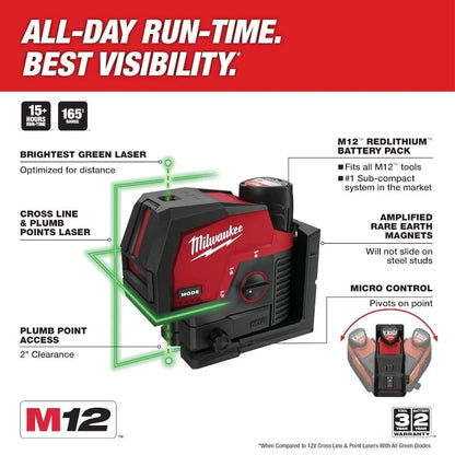 Milwaukee 3622-20 Tool M12 12-Volt Lithium-Ion Cordless Green 125 ft. Cross Line and Plumb Points Laser Level (Tool-Only)