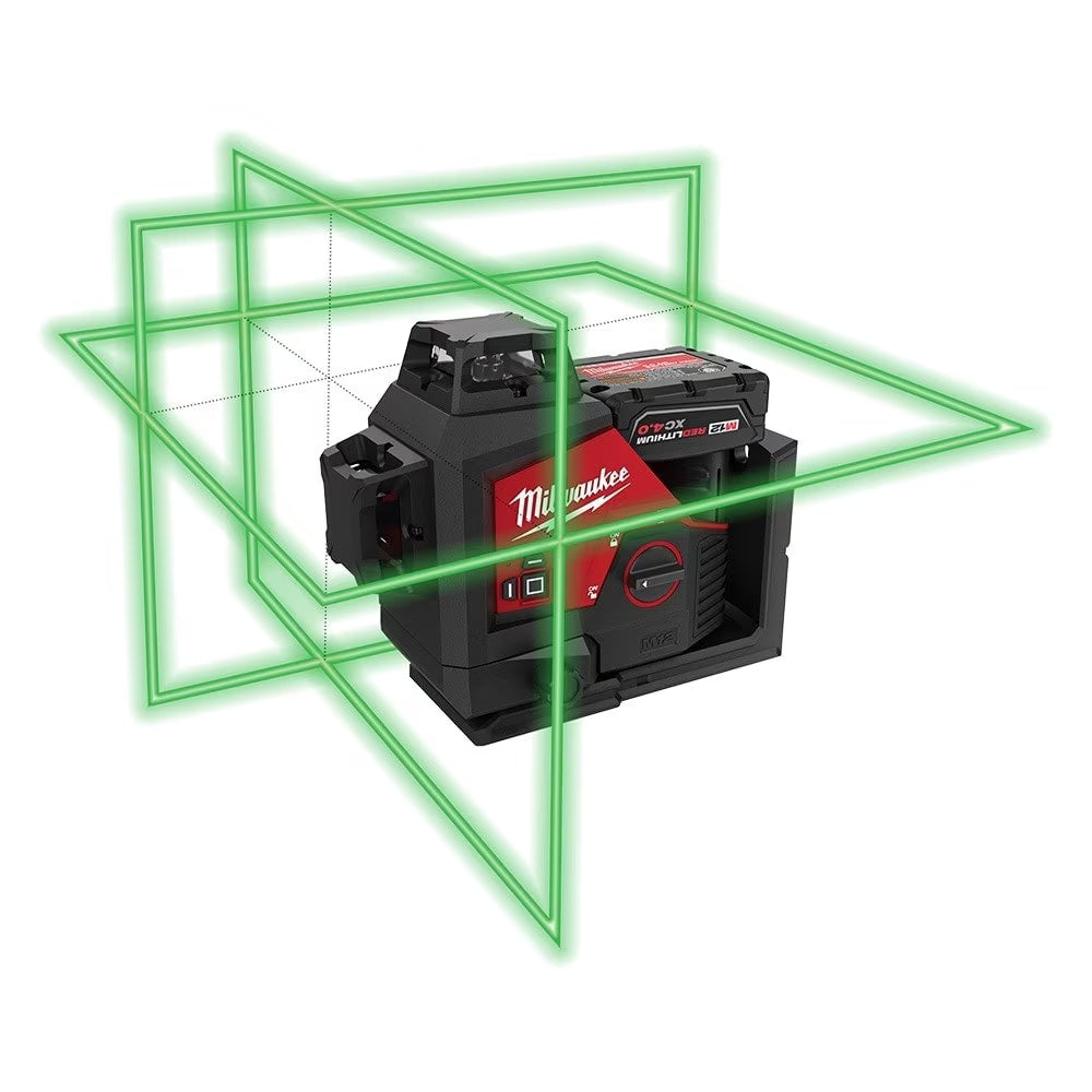 Milwaukee 3632-21 Tool M12 12V Lithium-Ion Green 125 ft. 3-Plane Laser Level Kit with 4.0 Ah Battery, Charger and Case