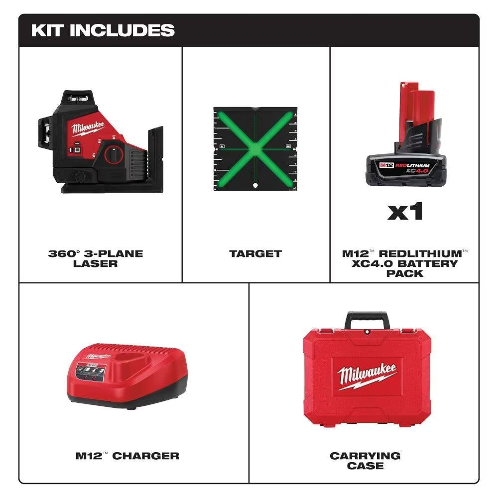 Milwaukee 3632-21 Tool M12 12V Lithium-Ion Green 125 ft. 3-Plane Laser Level Kit with 4.0 Ah Battery, Charger and Case