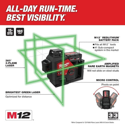 Milwaukee 3632-21 Tool M12 12V Lithium-Ion Green 125 ft. 3-Plane Laser Level Kit with 4.0 Ah Battery, Charger and Case