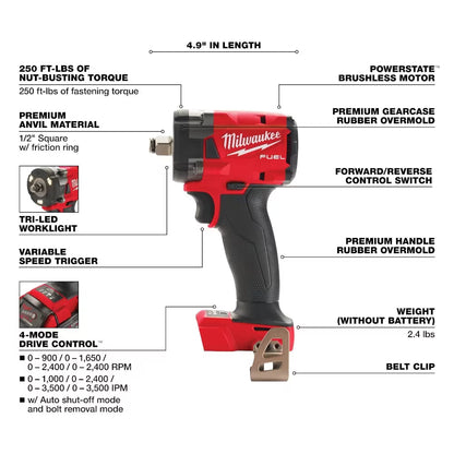 Milwaukee 2855-20 Tool M18 FUEL Gen-2 Brushless Cordless 1/2-inch Compact Impact Wrench with Friction Ring (Tool-Only)