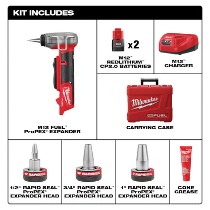 Milwaukee 2532-22 Tool M12 Fuel Cordless 3/8 -inch - 1 -inch PEX Expansion Tool Kit with (2) Batteries, (3) Expansion Heads