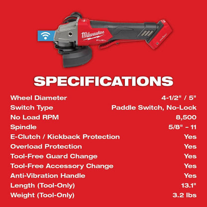 Milwaukee 2882-20 Tool M18 FUEL 18V Li-Ion Brushless Cordless 4-1/2-in/5-in Braking Grinder W/ Paddle Switch (Tool-Only)