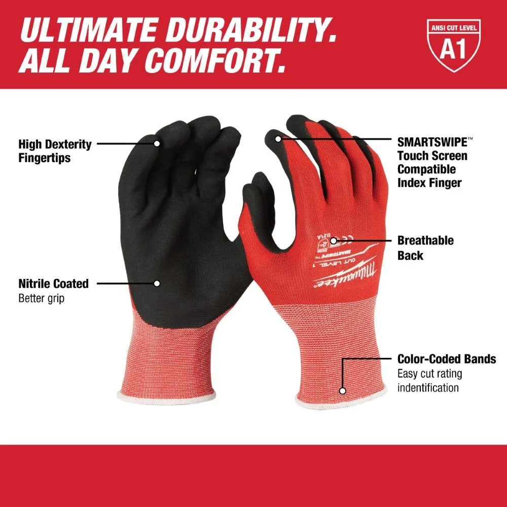 Milwaukee Large Level 1 Cut Resistant Nitrile Dipped Work Gloves - Red
