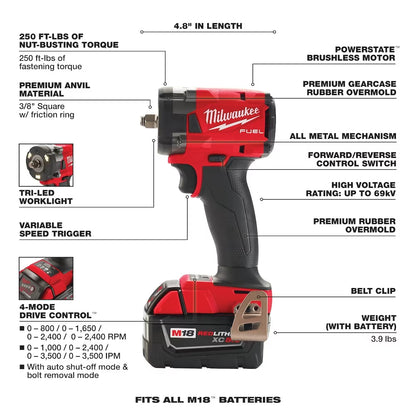 Milwaukee 2991-22 Tool M18 FUEL18-Volt Li-Ion Brushless Grinder and 3/8 Impact Wrench Kit (2-Tool) with (2) 5Ah Batteries