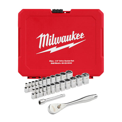 Milwaukee 48-22-9044 Tool 25pc 1/4 Inch Drive Metric & SAE Ratchet and Socket Set with FOUR FLAT SIDES