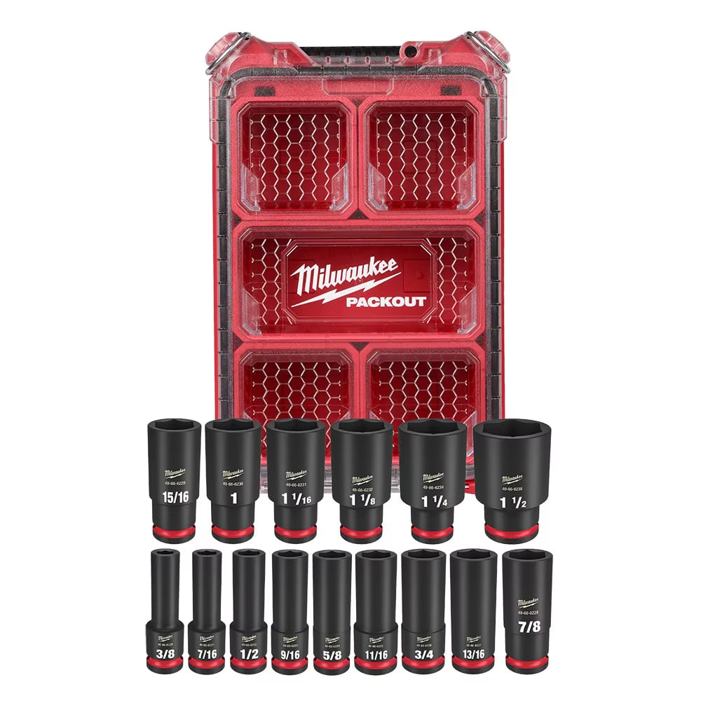 Milwaukee 49-66-6802 Tool SHOCKWAVE Impact-Duty 1/2 inch Drive SAE Deep Well Impact PACKOUT Socket Set (15-Piece)