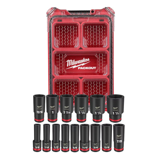 Milwaukee 49-66-6802 Tool SHOCKWAVE Impact-Duty 1/2 inch Drive SAE Deep Well Impact PACKOUT Socket Set (15-Piece)