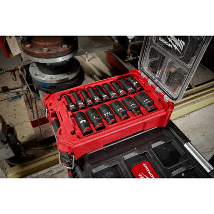 Milwaukee 49-66-6802 Tool SHOCKWAVE Impact-Duty 1/2 inch Drive SAE Deep Well Impact PACKOUT Socket Set (15-Piece)