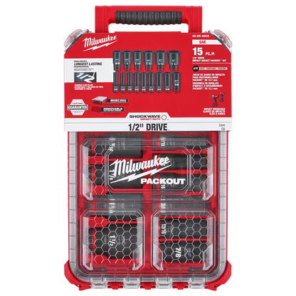 Milwaukee 49-66-6802 Tool SHOCKWAVE Impact-Duty 1/2 inch Drive SAE Deep Well Impact PACKOUT Socket Set (15-Piece)