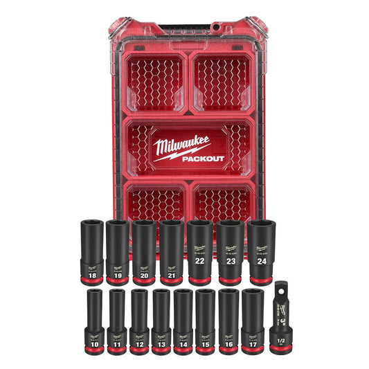 Milwaukee 49-66-6803 Tool SHOCKWAVE Impact-Duty 1/2 inch Drive Metric Deep Well Impact PACKOUT Socket Set (16-Piece)