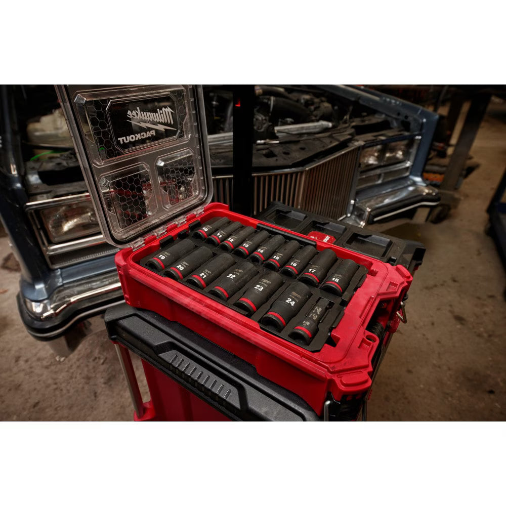 Milwaukee 49-66-6803 Tool SHOCKWAVE Impact-Duty 1/2 inch Drive Metric Deep Well Impact PACKOUT Socket Set (16-Piece)
