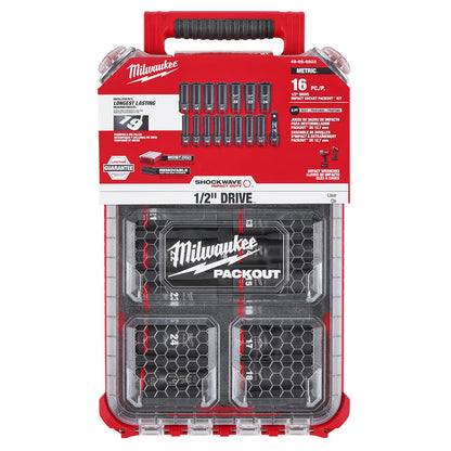 Milwaukee 49-66-6803 Tool SHOCKWAVE Impact-Duty 1/2 inch Drive Metric Deep Well Impact PACKOUT Socket Set (16-Piece)