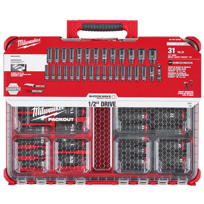 Milwaukee 49-66-6806 Tool SHOCKWAVE Impact-Duty 1/2 inch Drive Metric and SAE Deep Well Impact PACKOUT Socket Set (31-Piece)