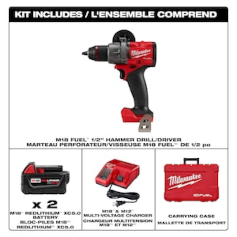 Milwaukee  2904-22 Tool M18 FUEL 18V Li-Ion Brushless Next Generation 1/2 in. Hammer Drill Driver Kit w/(2) 5.0 Ah Batteries