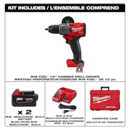 Milwaukee  2904-22 Tool M18 FUEL 18V Li-Ion Brushless Next Generation 1/2 in. Hammer Drill Driver Kit w/(2) 5.0 Ah Batteries