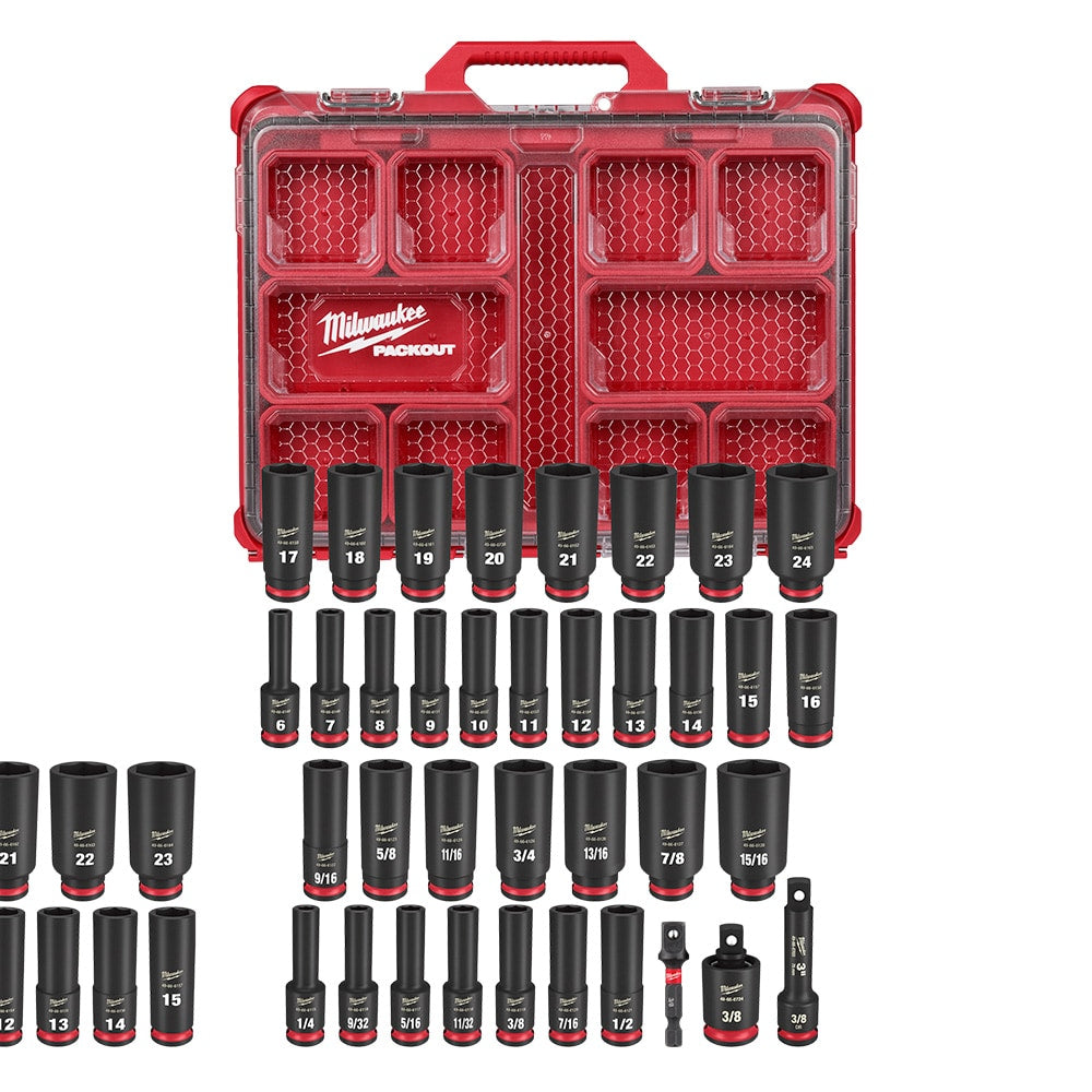 Milwaukee 49-66-6805 Tool SHOCKWAVE Impact-Duty 3/8 inch Drive Metric and SAE Deep Well Impact PACKOUT Socket Set (36-Piece)