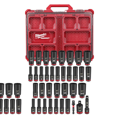 Milwaukee 49-66-6805 Tool SHOCKWAVE Impact-Duty 3/8 inch Drive Metric and SAE Deep Well Impact PACKOUT Socket Set (36-Piece)