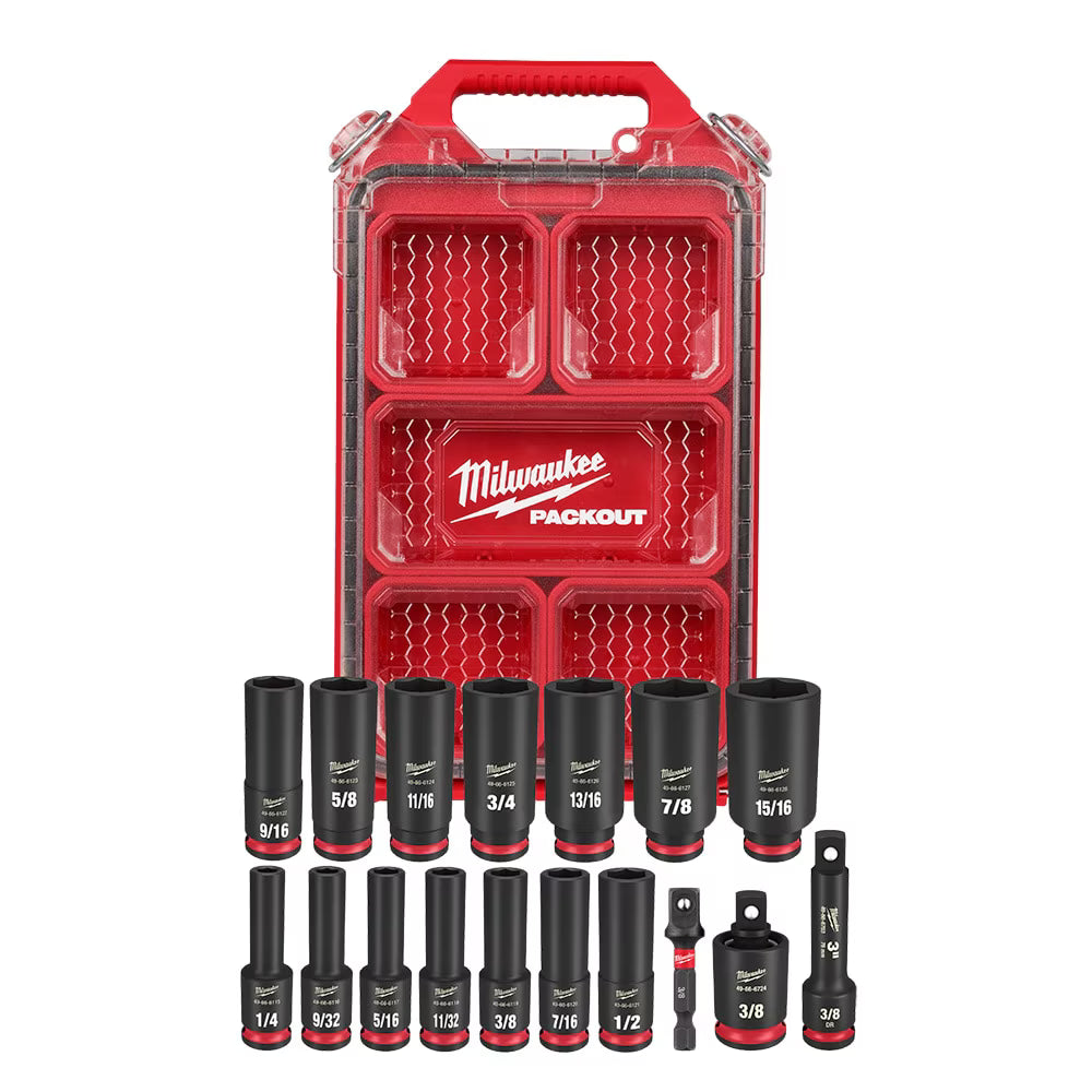 Milwaukee 49-66-6800 Tool SHOCKWAVE Impact-Duty 3/8 in. Drive SAE Deep Well Impact PACKOUT Socket Set (17-Piece)
