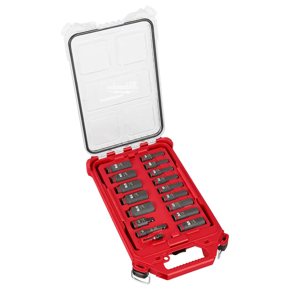 Milwaukee 49-66-6800 Tool SHOCKWAVE Impact-Duty 3/8 in. Drive SAE Deep Well Impact PACKOUT Socket Set (17-Piece)